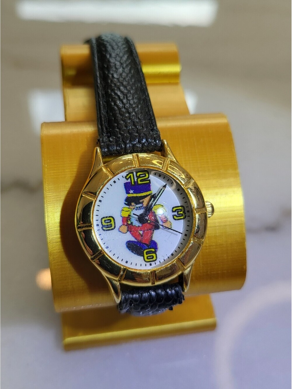Rare Vtg Christmas Nutcracker Watch QuartzGoldtone Black Band New BatteryWorking